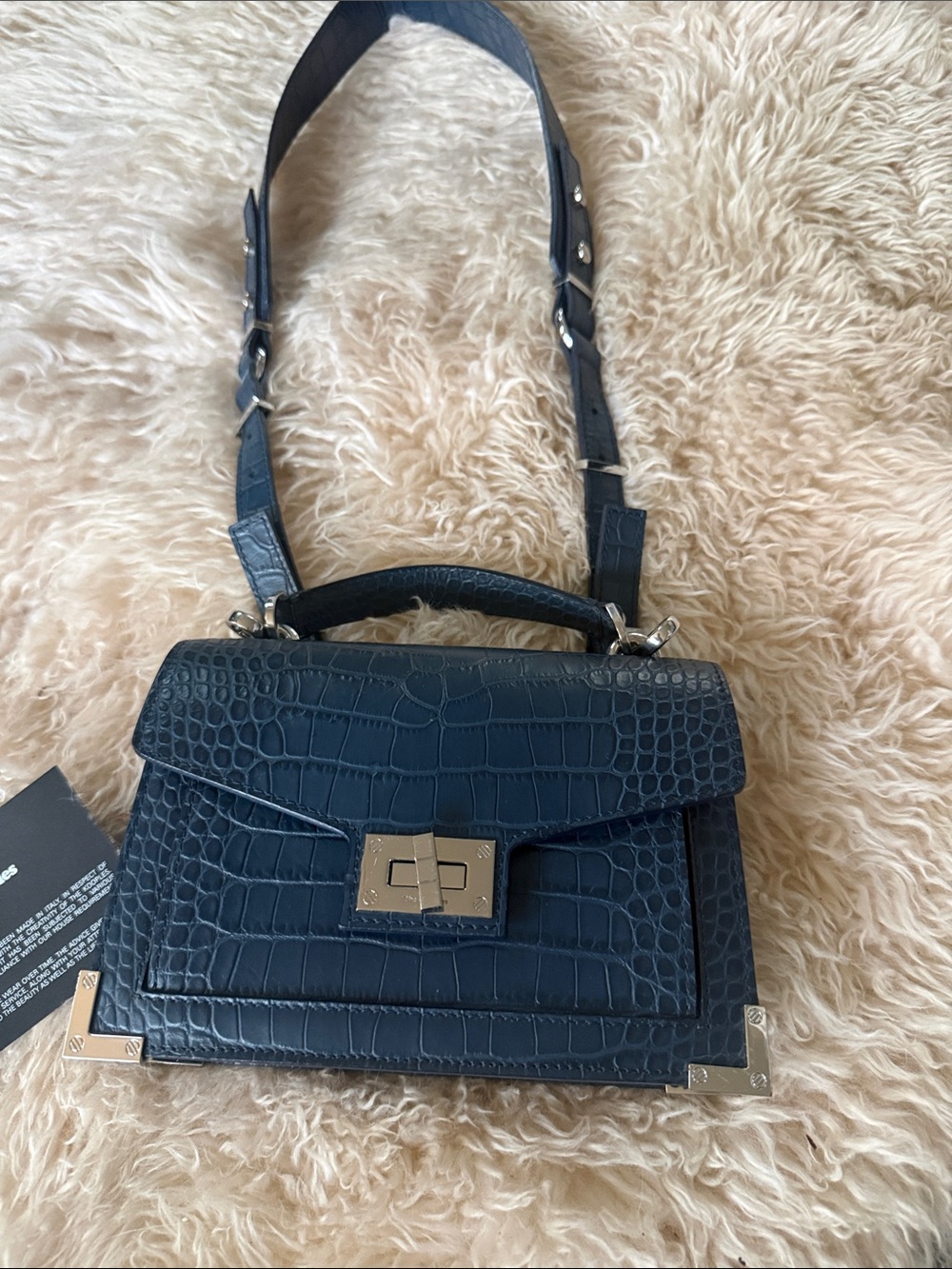 THE KOOPLES Croc-Embossed Navy Top-Handle Satchel NEW WO TAGS